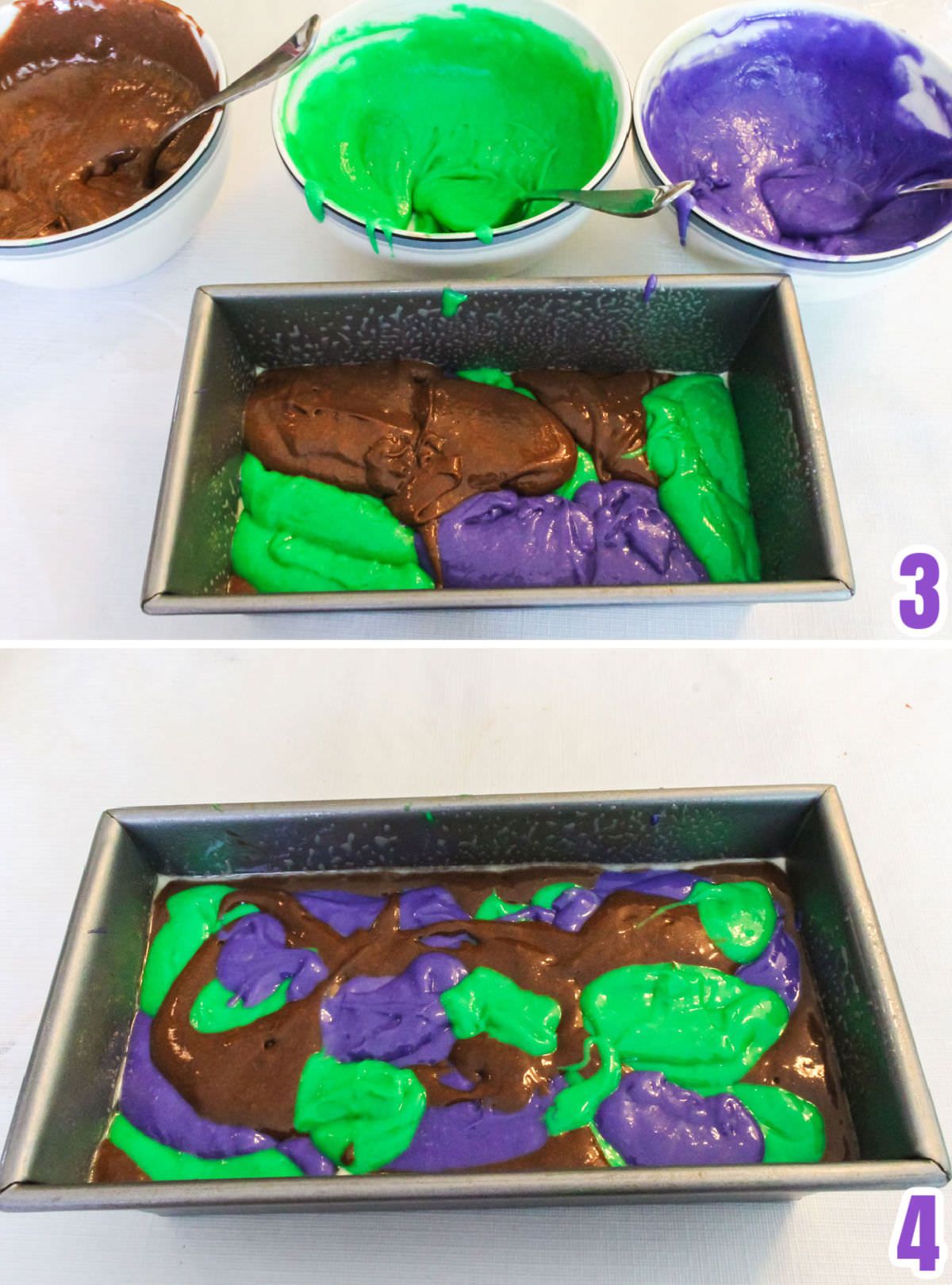 Collage image showing the steps required to create the marbling effect for the Halloween Cake.