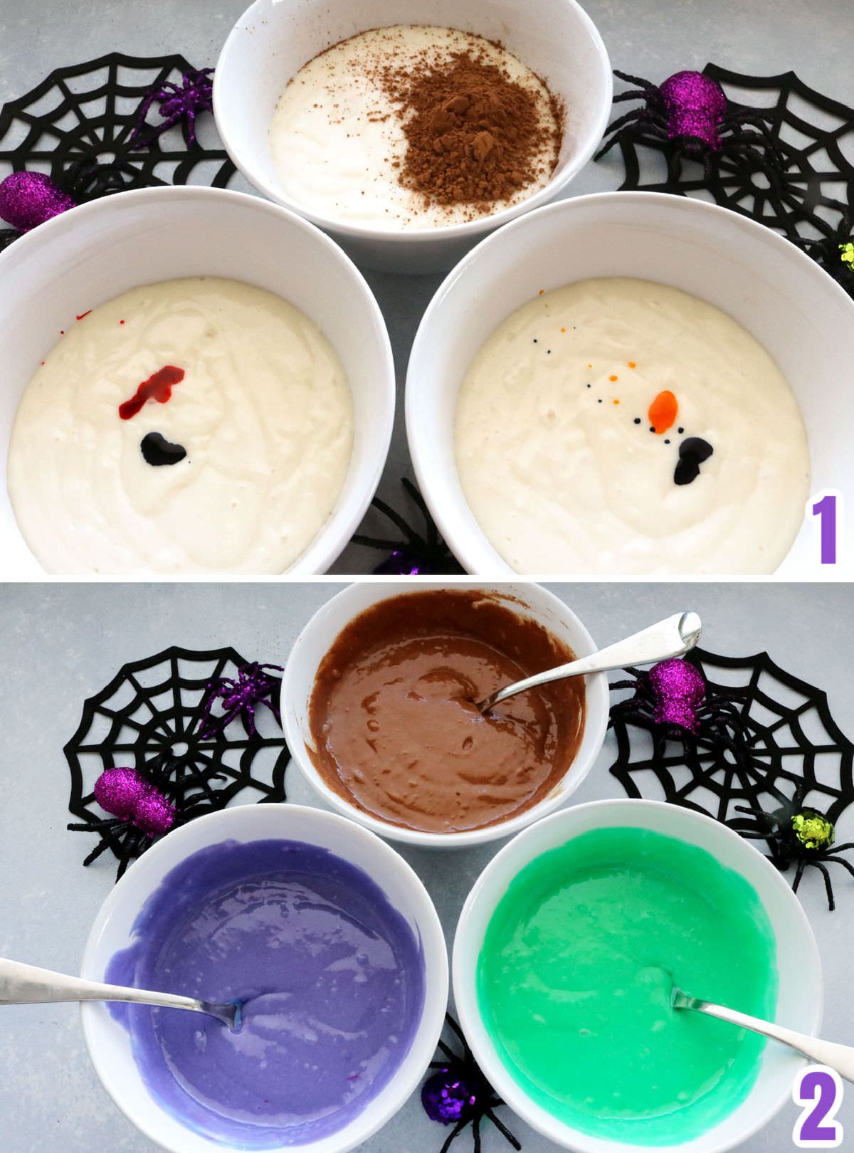 Collage image showing how to portion the cake batter and color it to create a marble effect in a cake.