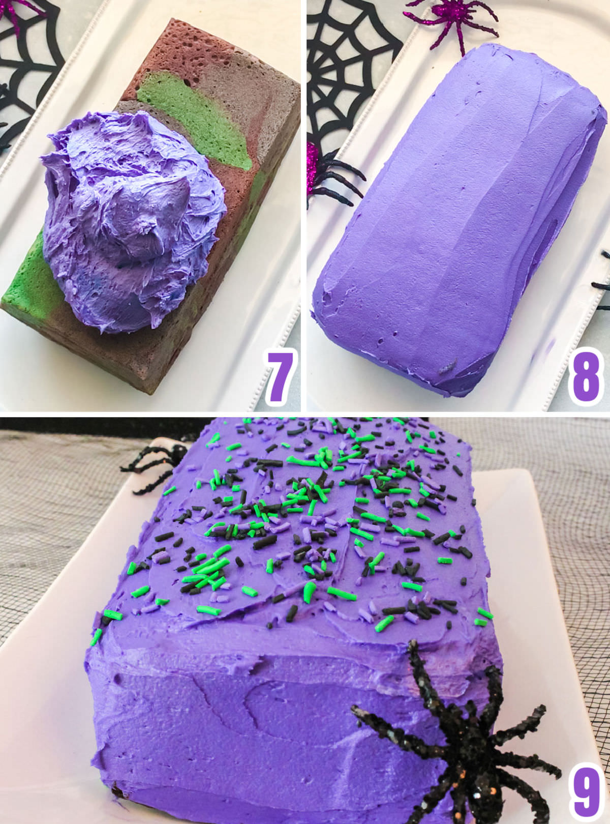 Collage image showing the steps for decorating the cake including frosting it and adding Halloween sprinkles.