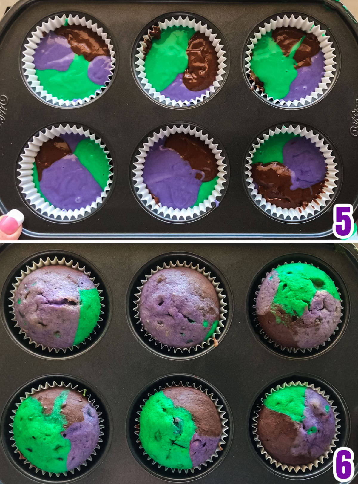 Collage image showing the Bewitched Marble Cupcakes before they went into the oven and after they come out of the oven.