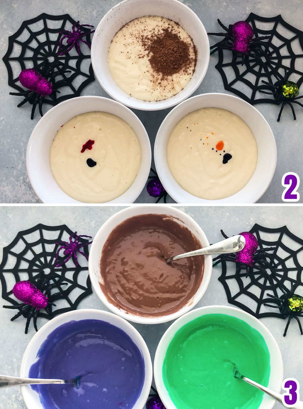 Collage image showing how to tint the cake batter purple, green and chocolate.