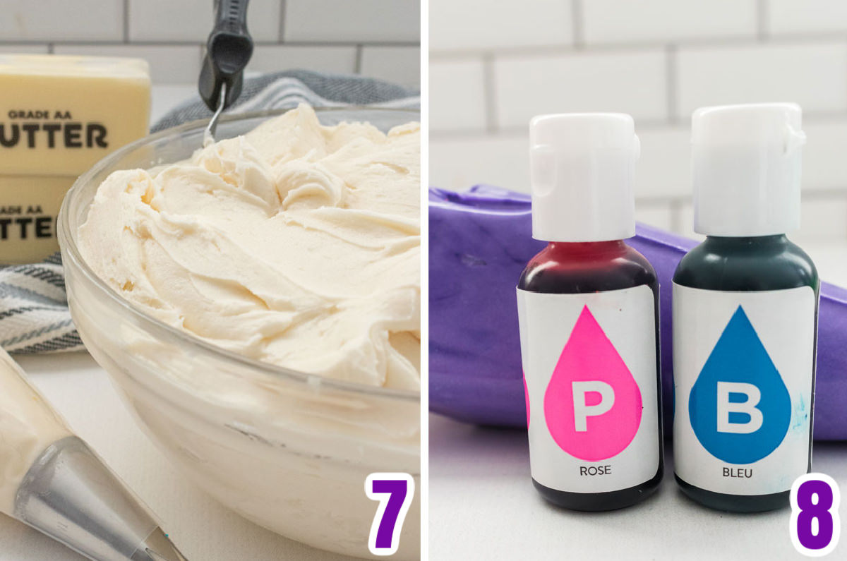 Collage image showing a bowl of butter cream frosting and the food coloring you will need to tint the frosting purple.