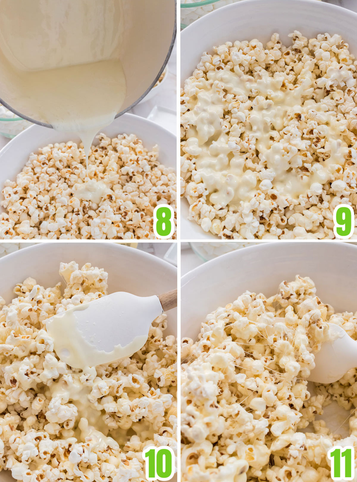 Collage image showing the steps required to make the Marshmallow Popcorn.