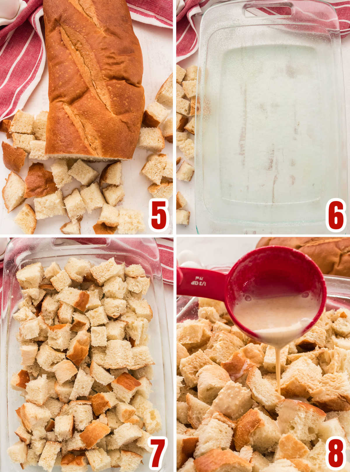 Collage image showing how to assemble the Bread Pudding for baking.