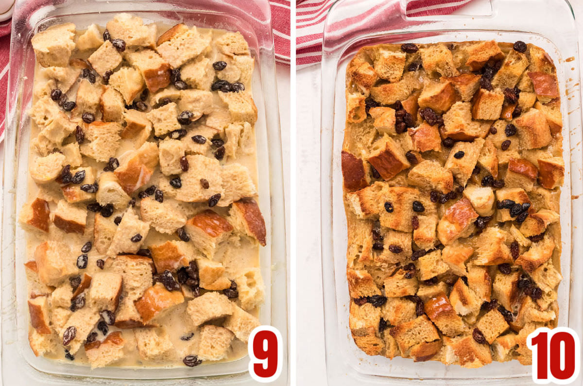Collage image showing the Bread Pudding right before going into the oven and just coming out of the oven.