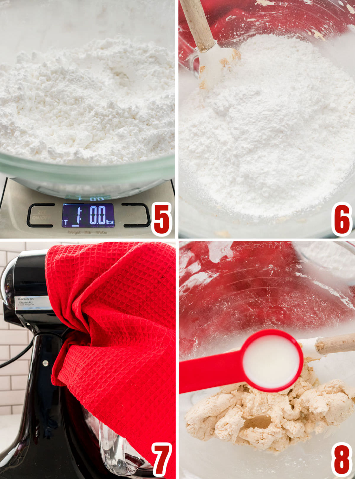 Collage image showing the steps for adding the powdered sugar to the butter mixture.