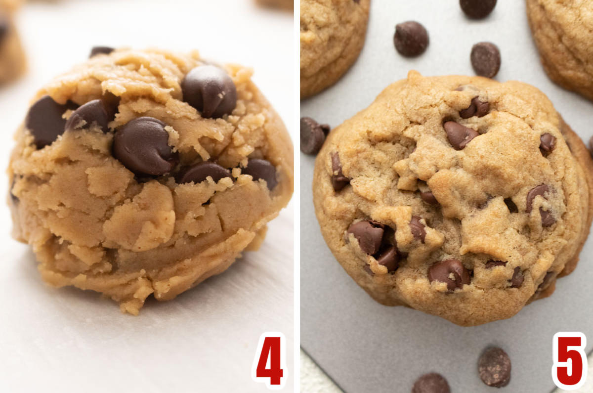Collage image showing the Brown Butter Chocolate Chip Cookies before  going in the oven and after coming out of the oven.