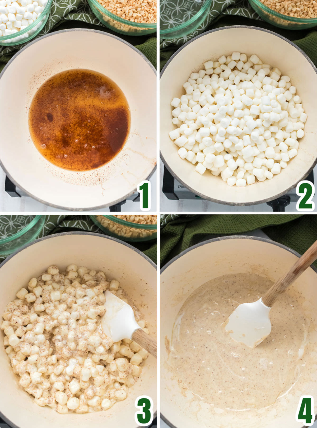 Collage image showing the steps for making the Brown Butter Marshmallow mixture.
