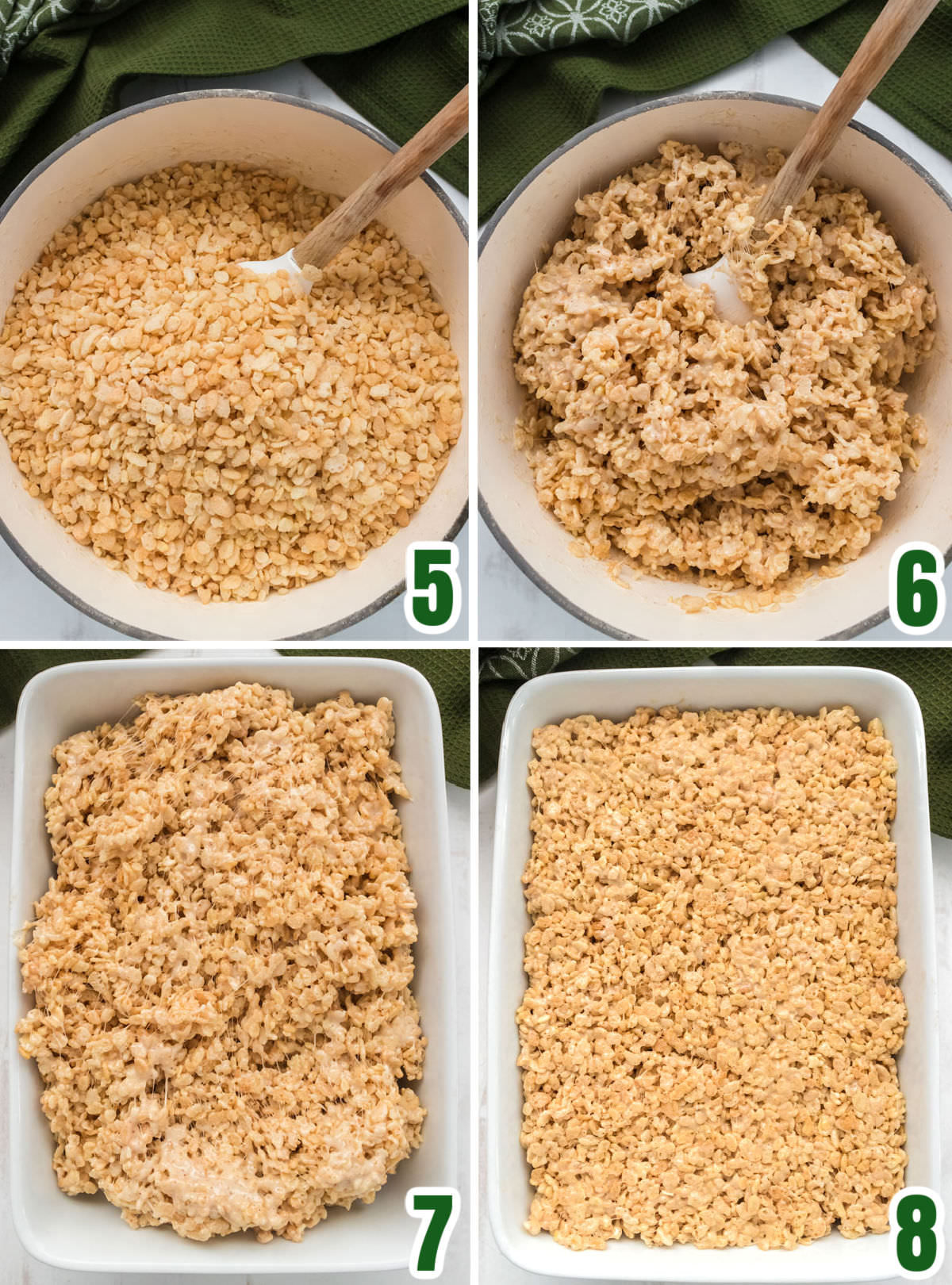 Collage image showing the steps for adding the Rice Krispie Cereal to the marshmallow mixture and pressing it into a 9x13" pan.
