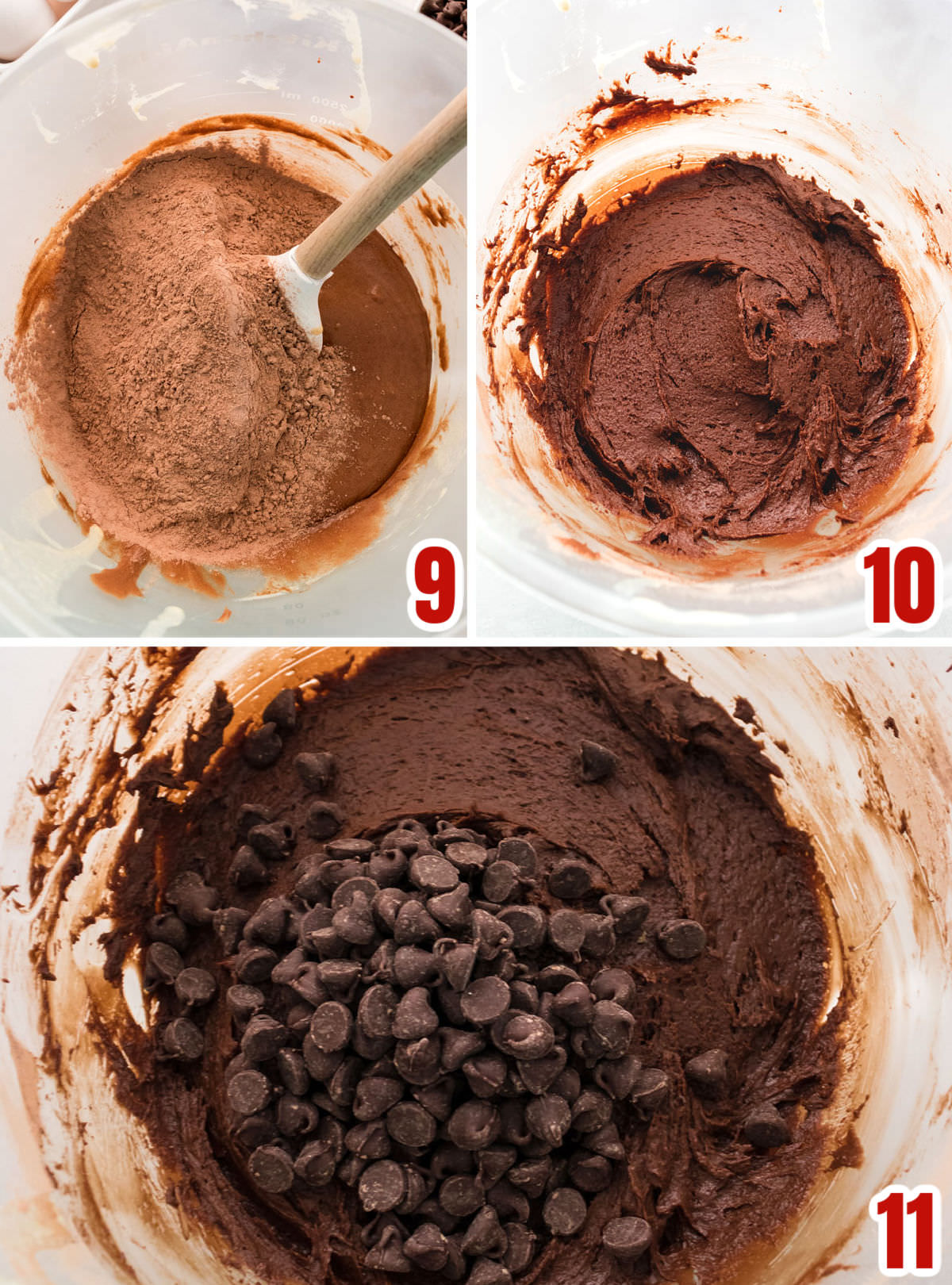 Collage image showing the steps for adding the dry ingredients and the chocolate chips to the cookie dough.