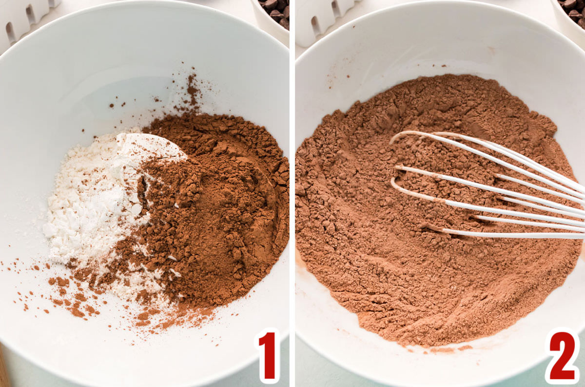 Collage image showing the steps for preparing the dry ingredients for the cookie dough.