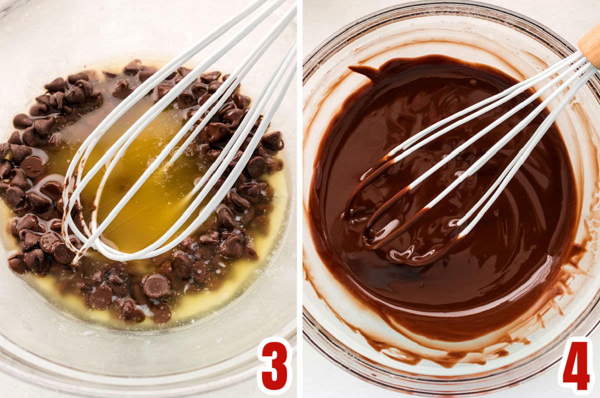 Collage image showing the steps for melting the chocolate into the butter.
