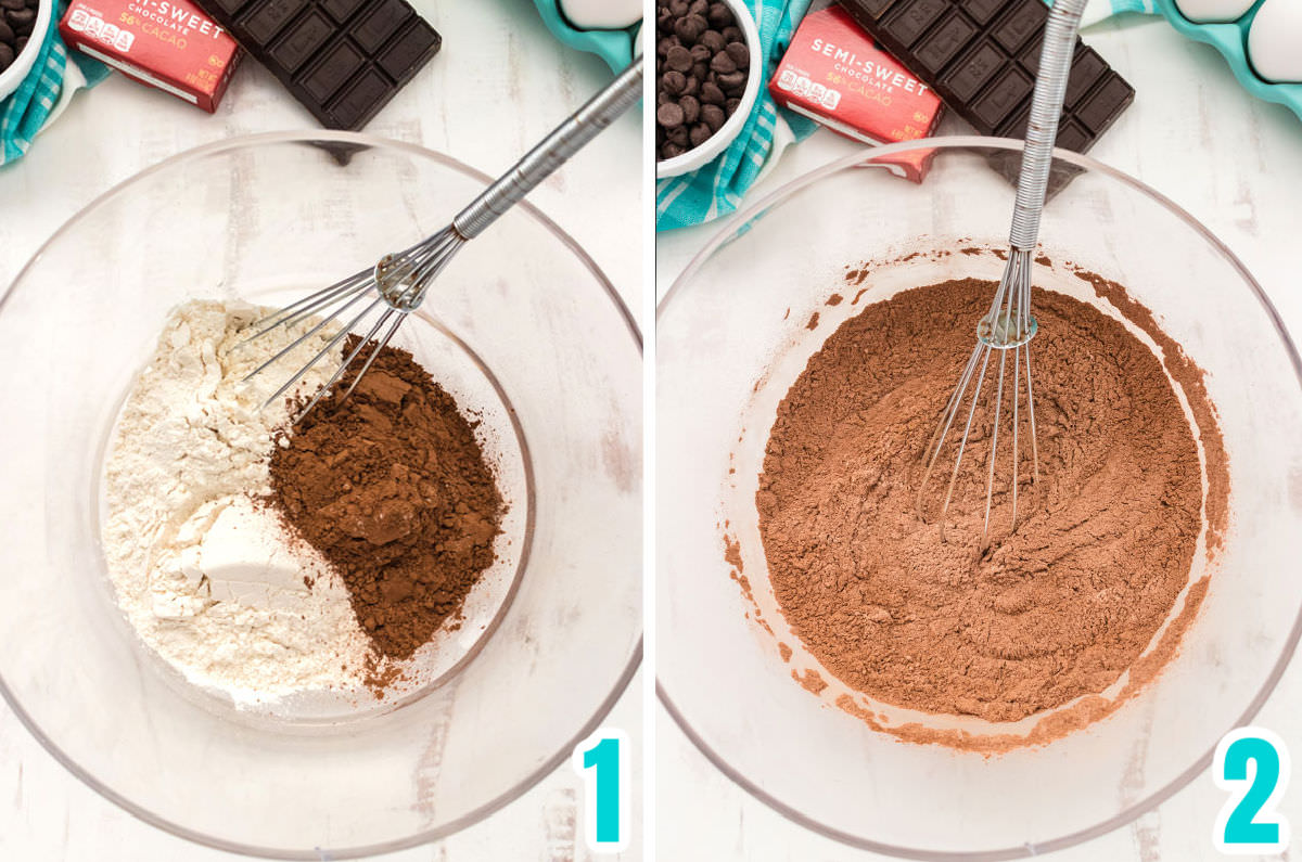Collage image showing how to prepare the dry ingredients for the brownie batter.