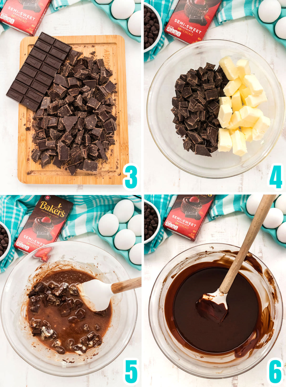 Collage image showing how to melt the baking chocolate for the frosted brownies.