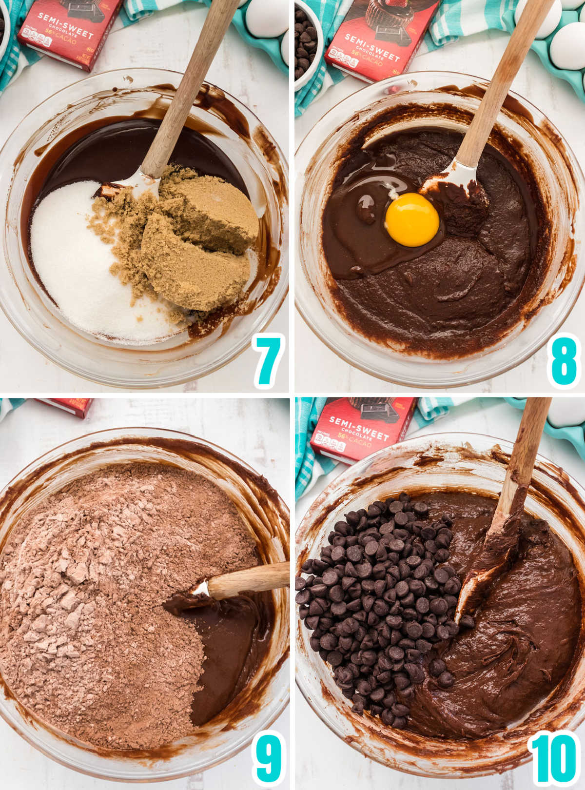 Collage image showing the steps needed to make the brownie batter.