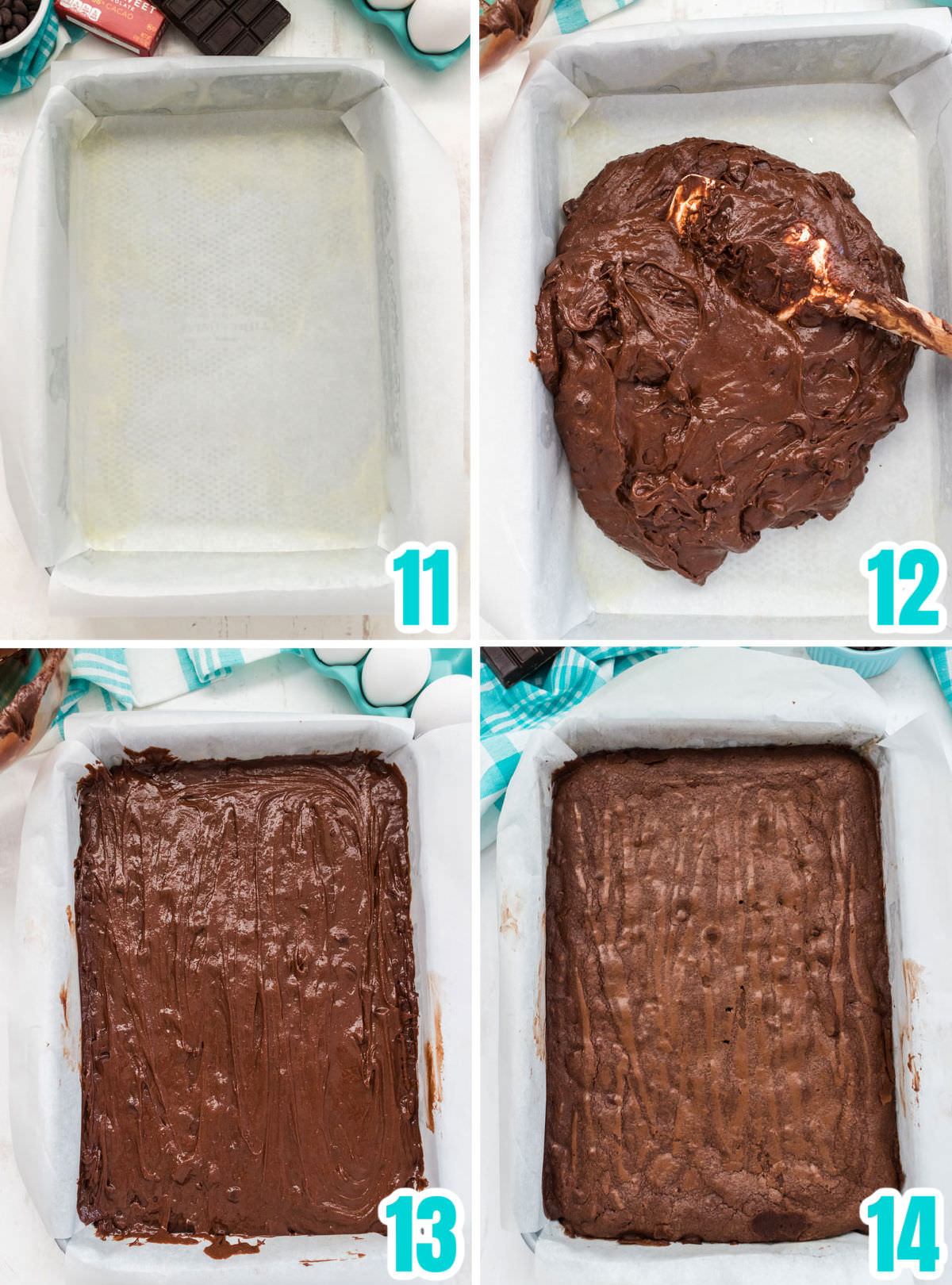 Collage image showing the steps needed to prepare the brownies for baking.