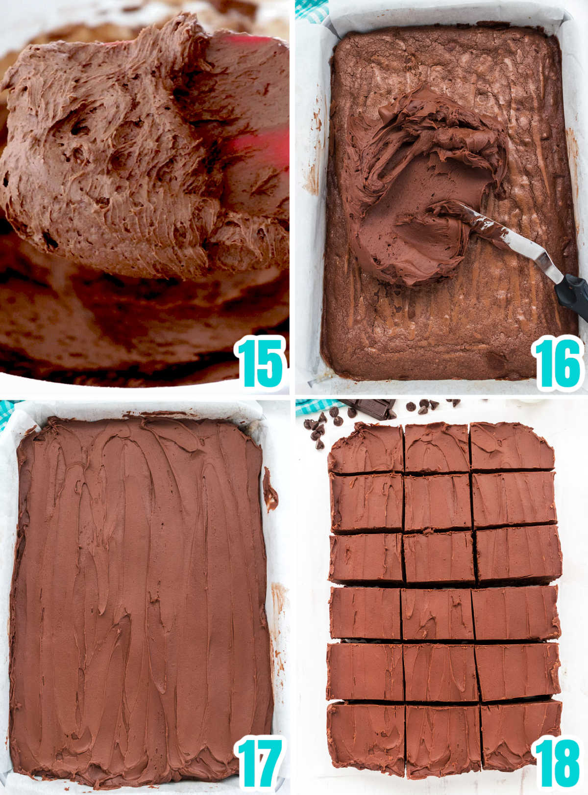 Collage image showing the steps to take to Frost the brownie with homemade chocolate frosting.