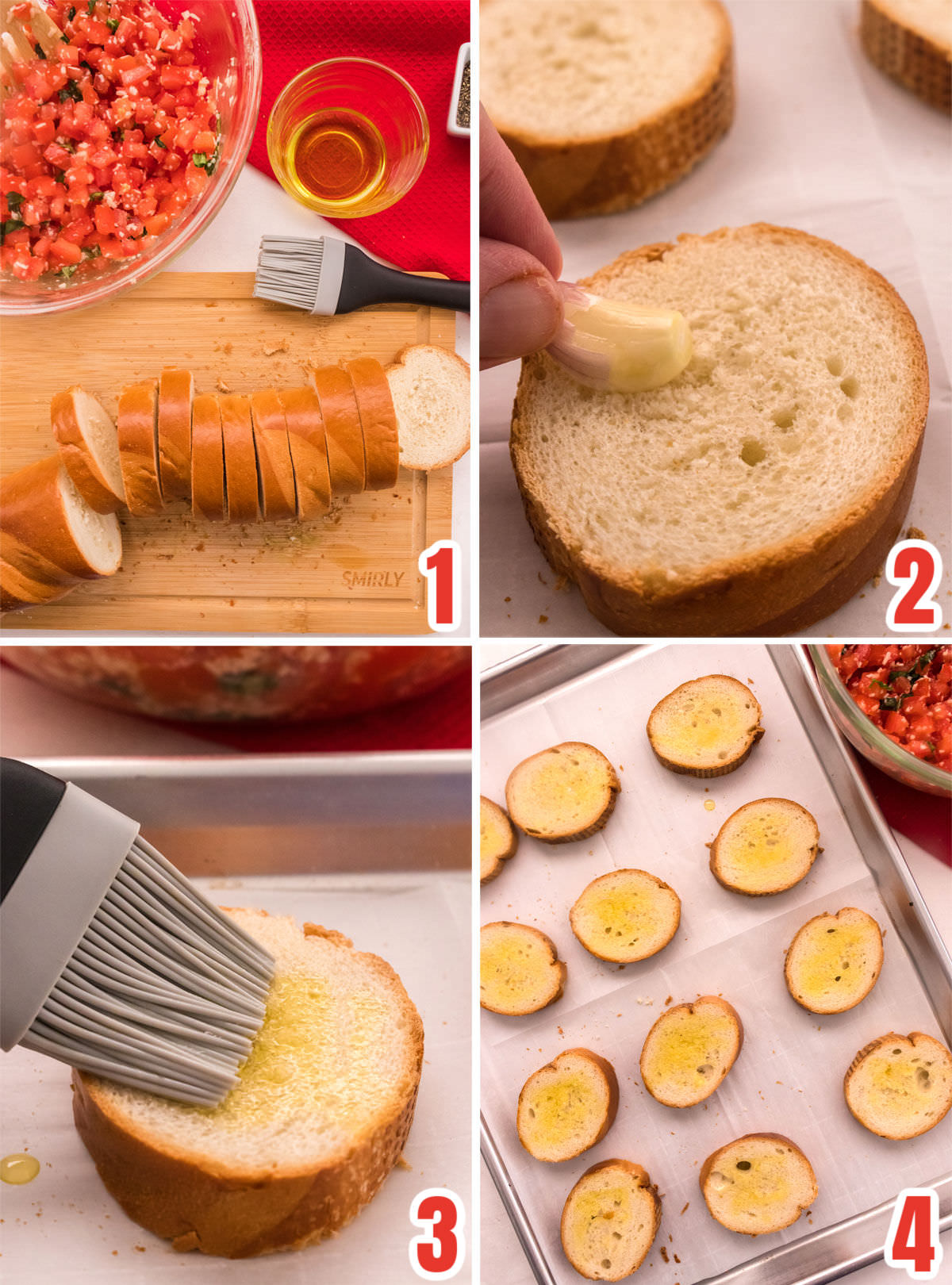 Collage image showing all the steps for making the French Bread toast to serve the Italian Bruschetta on.