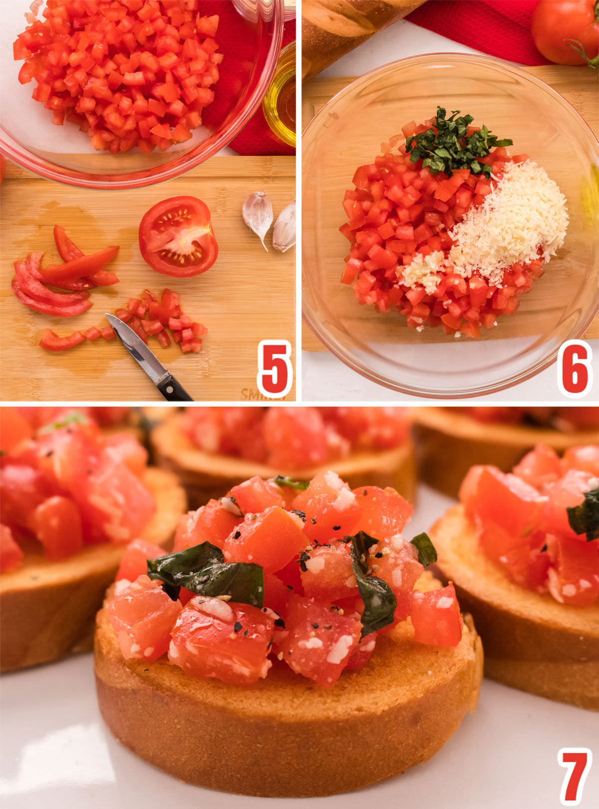 Collage image showing all the steps for making the tomato, basil and garlic topping for the Easy Italian Bruschetta recipe.