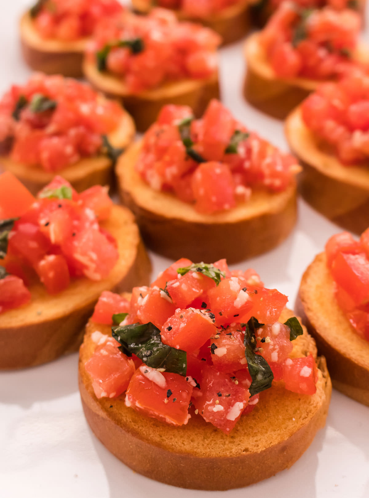 A plateful of Bruschetta appetizers ready for a party.