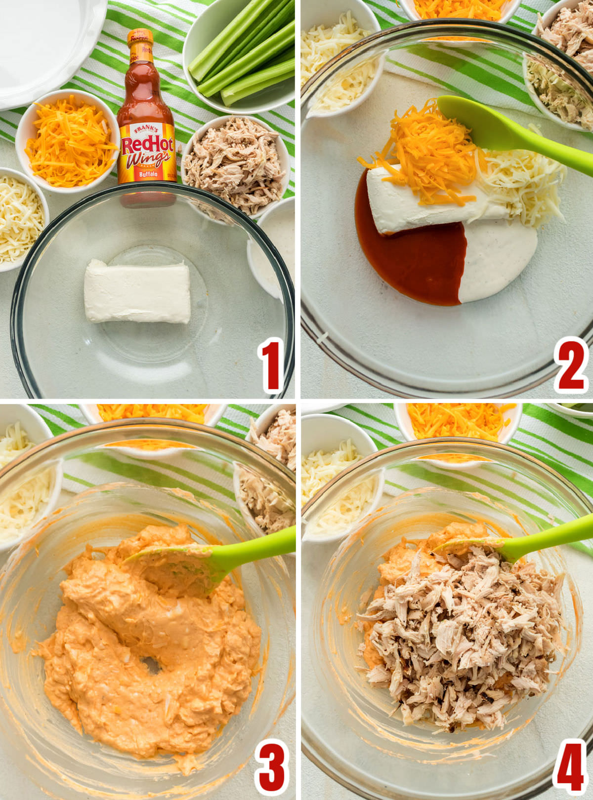 Collage image showing how to make the Buffalo Chicken Dip mixture.