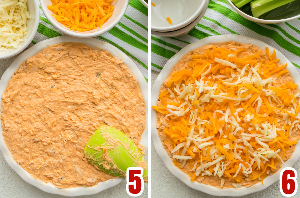 Collage image showing how to prepare the Buffalo Chicken Dip to be baked in the oven.