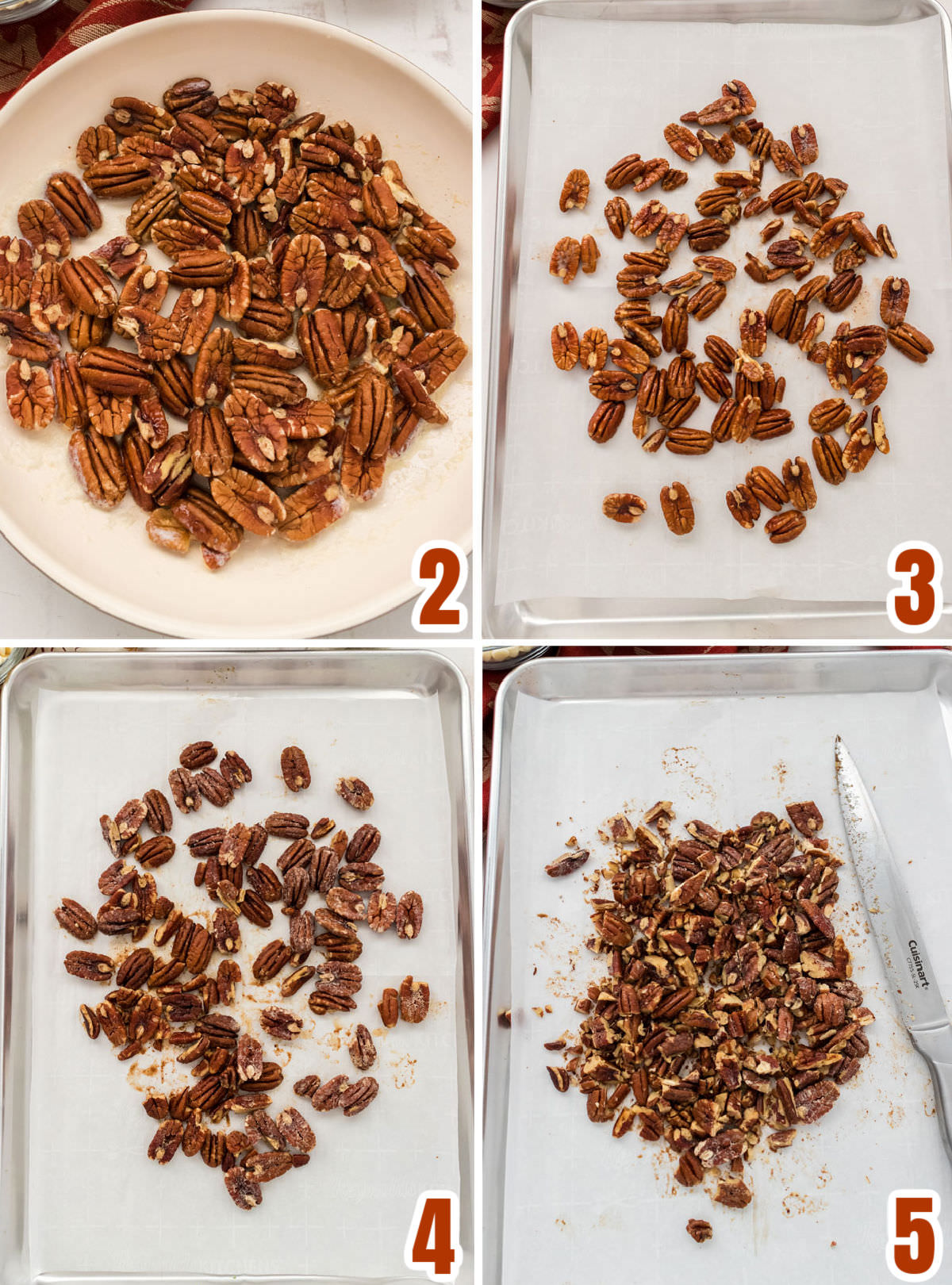 Collage image showing how to toast the pecans in butter.