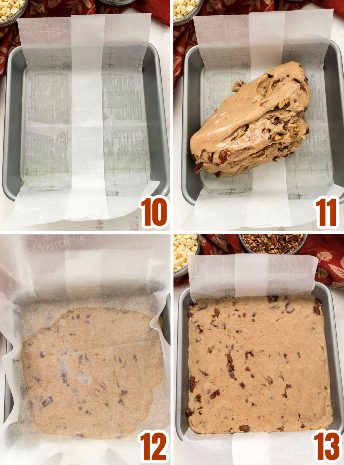 Collage image showing how to press the fudge into the 8x8" baking pan.