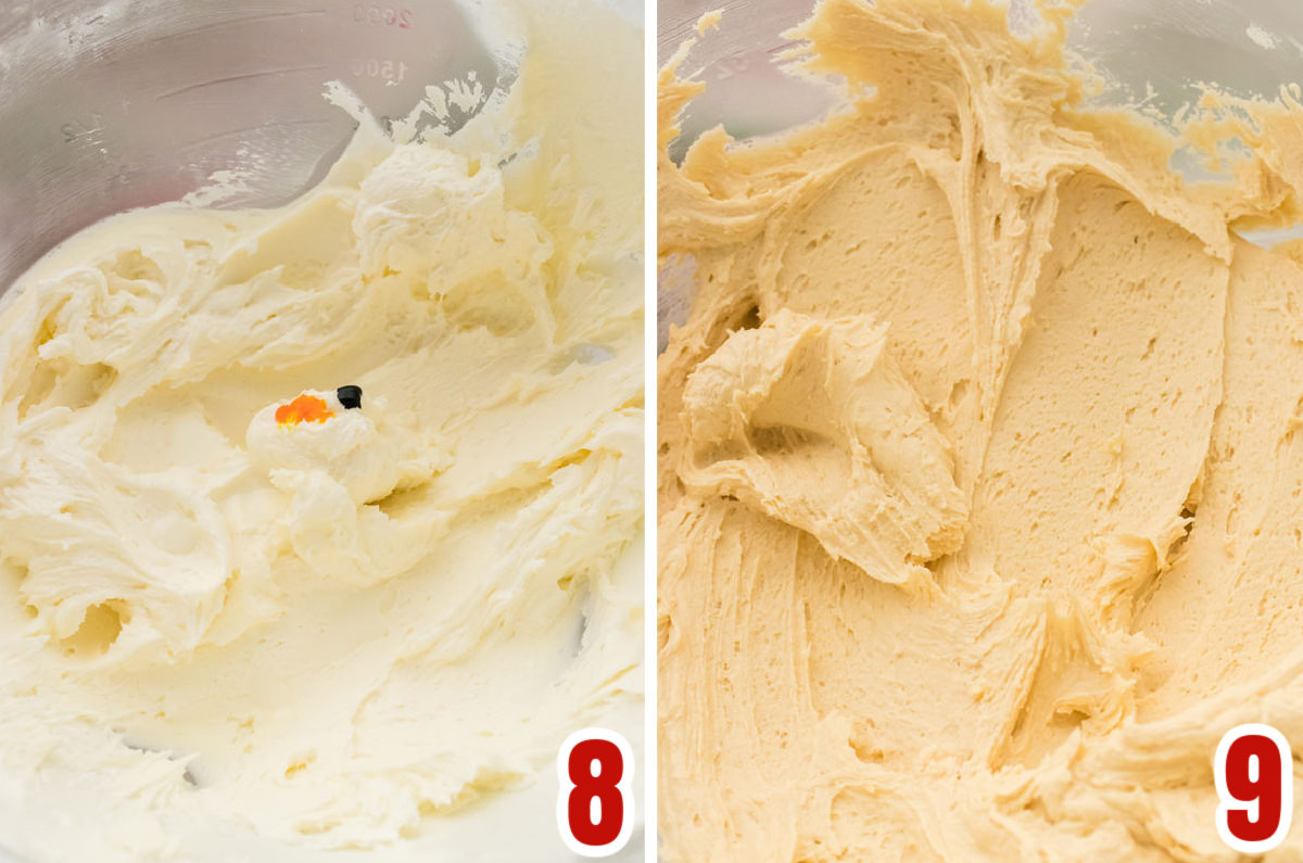 Collage image showing the steps for adding food coloring to the frosting.