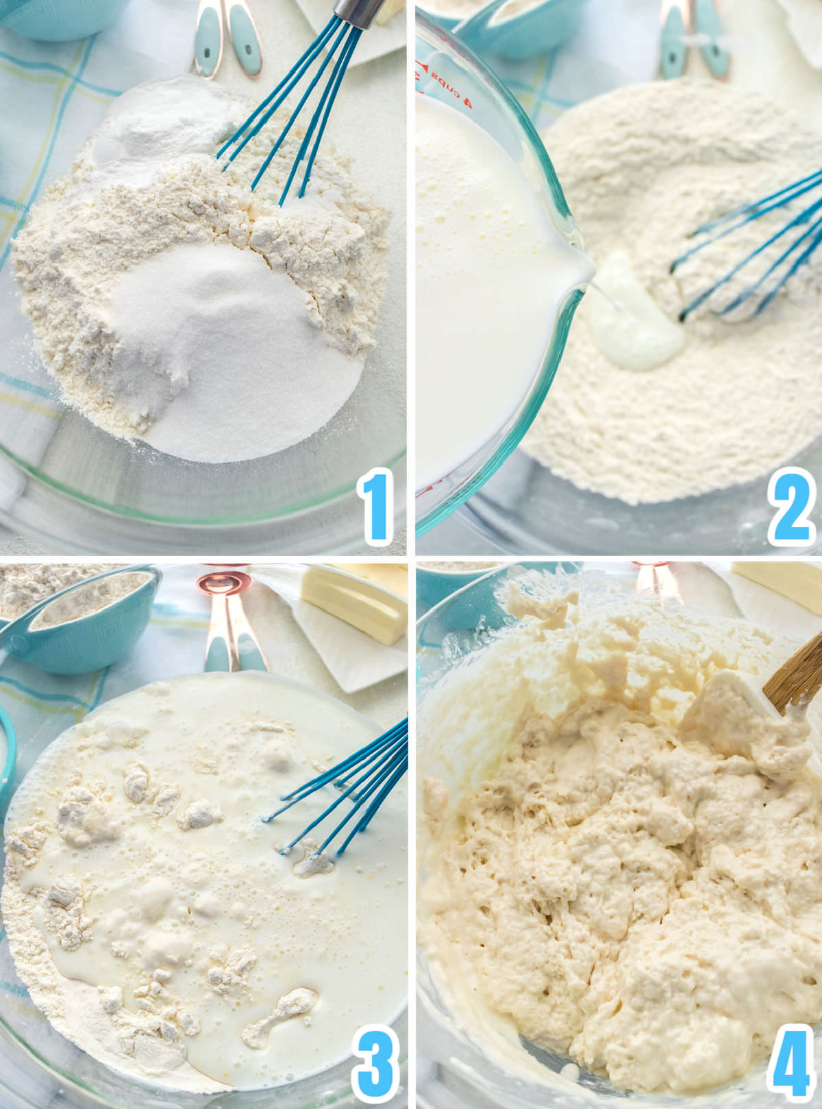 Collage image showing how to make the Butter Dip Biscuit dough.
