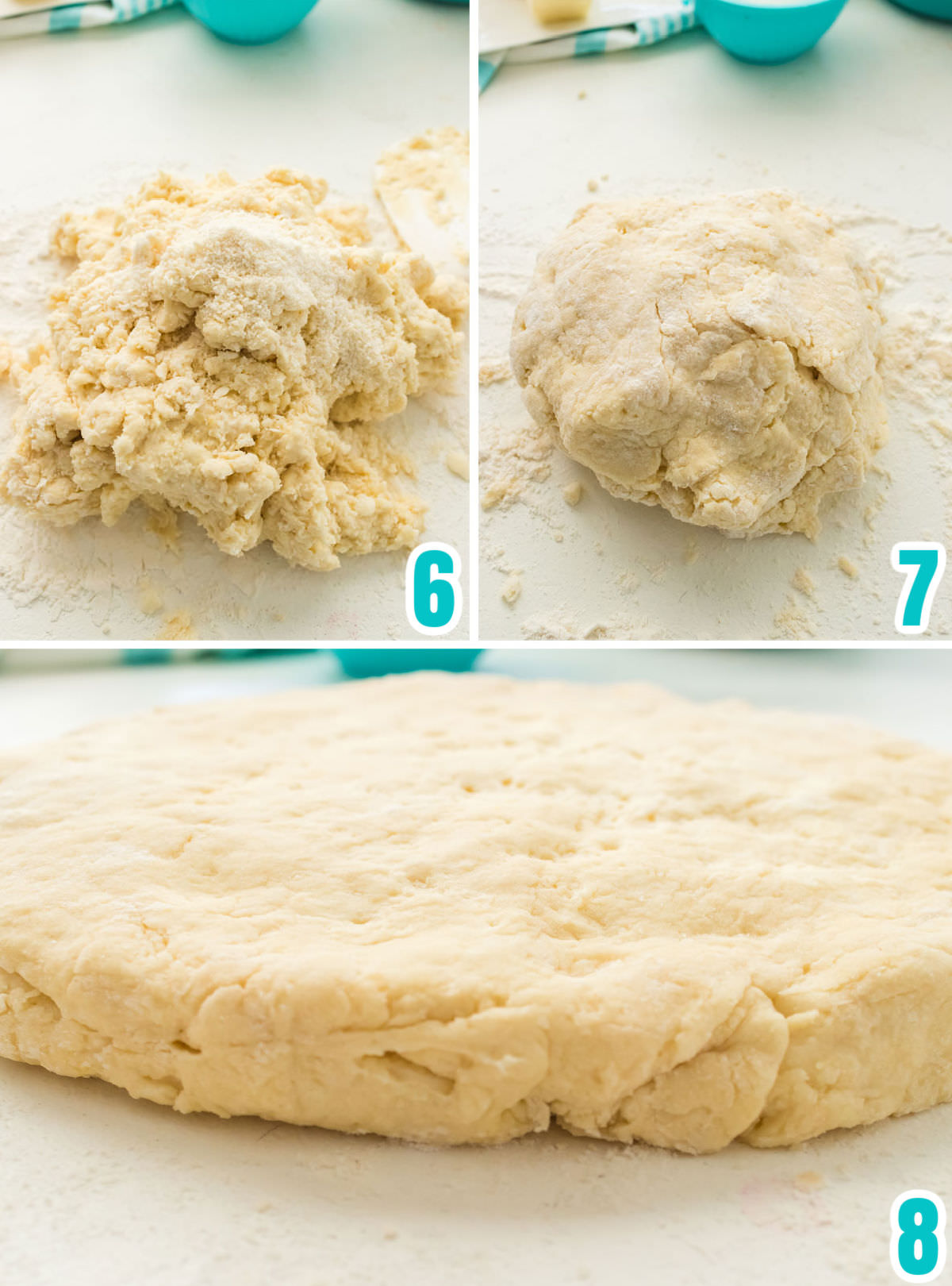 Collage image showing how to knead and then cut out the biscuits from the dough.