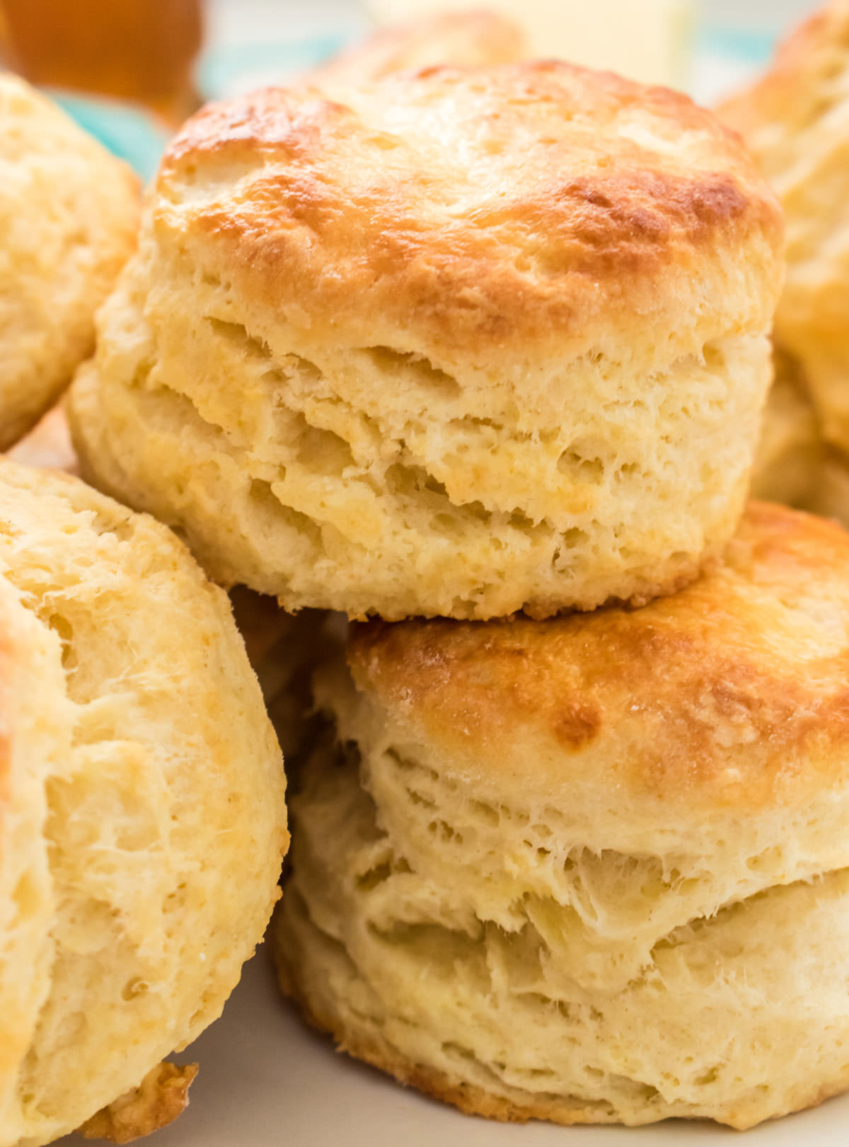 Closeup on a stack of Homemade Buttermilk Biscuits just out of the oven.