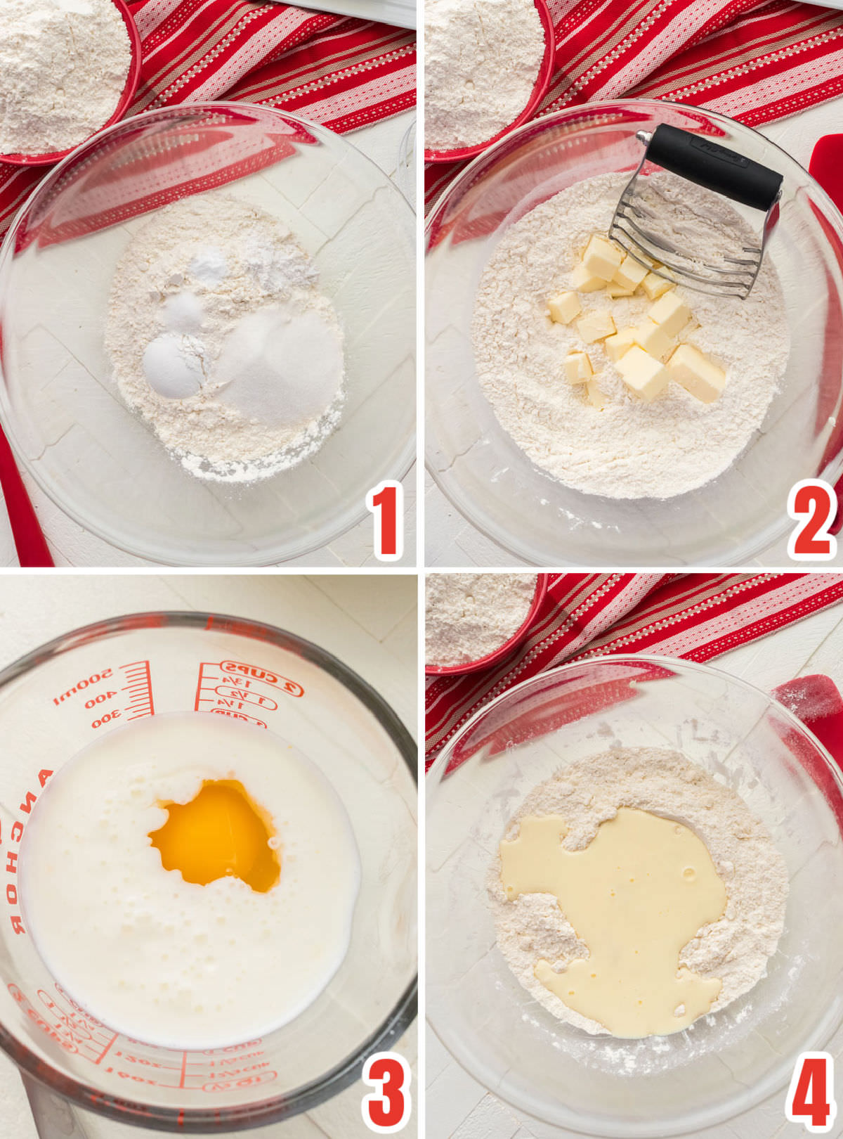 Collage image showing the steps for making the biscuit dough.