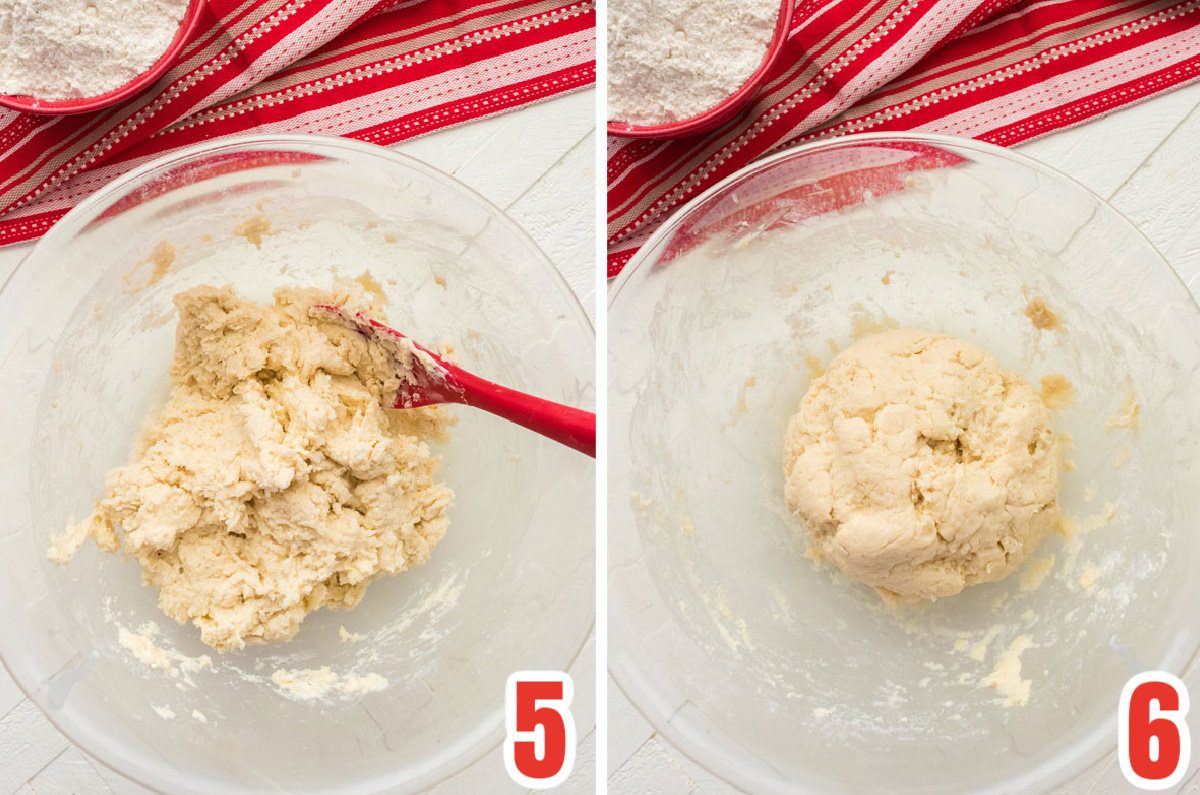 Collage image of the biscuit dough coming together in the bowl and after it has been kneaded.
