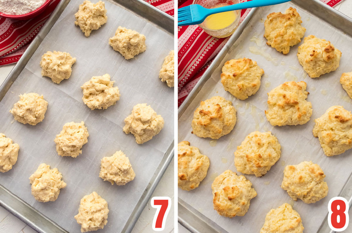 Collage image showing a cookie sheet filled with Buttermilk Drop Biscuits before it goes in the oven and after it comes out of the oven.