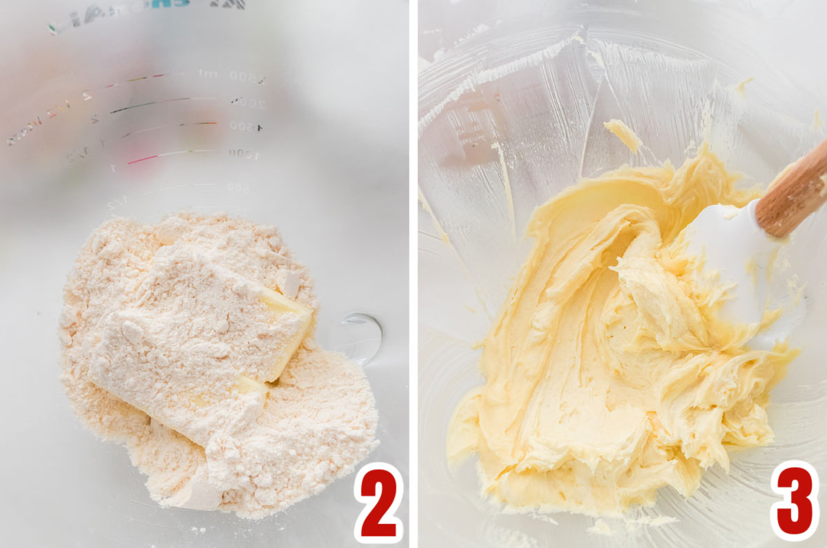 Collage image showing how to cream the butter with the cake mix to get rid of the grainy texture in the frosting.