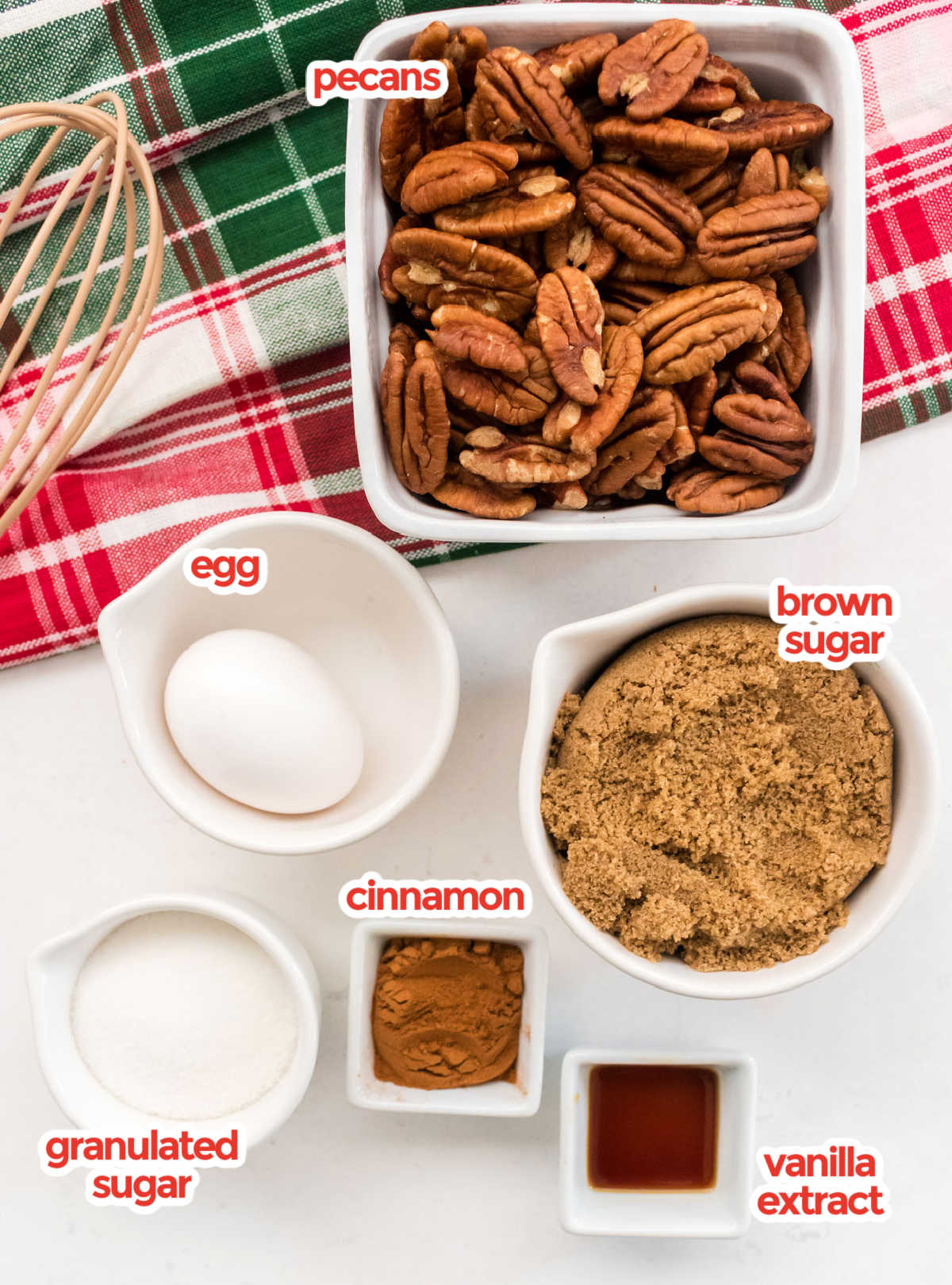 All the ingredients necessary to make Candied Pecan including Pecans, Sugar, Brown Sugar, Egg, Cinnamon and Vanilla.