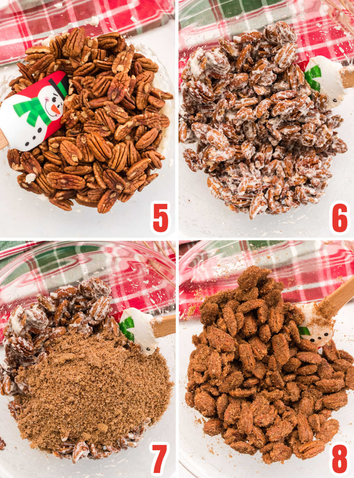 Collage image showing the steps for coating the pecans with the Cinnamon Sugar recipe.