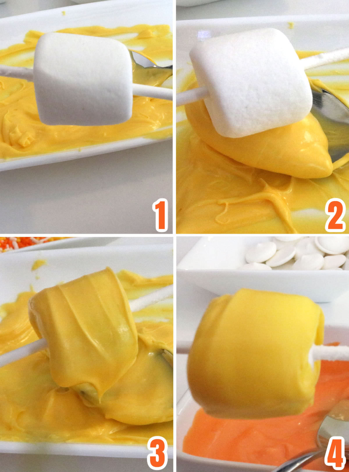 Collage image showing how to cover the first marshmallow with yellow melted candy melts.