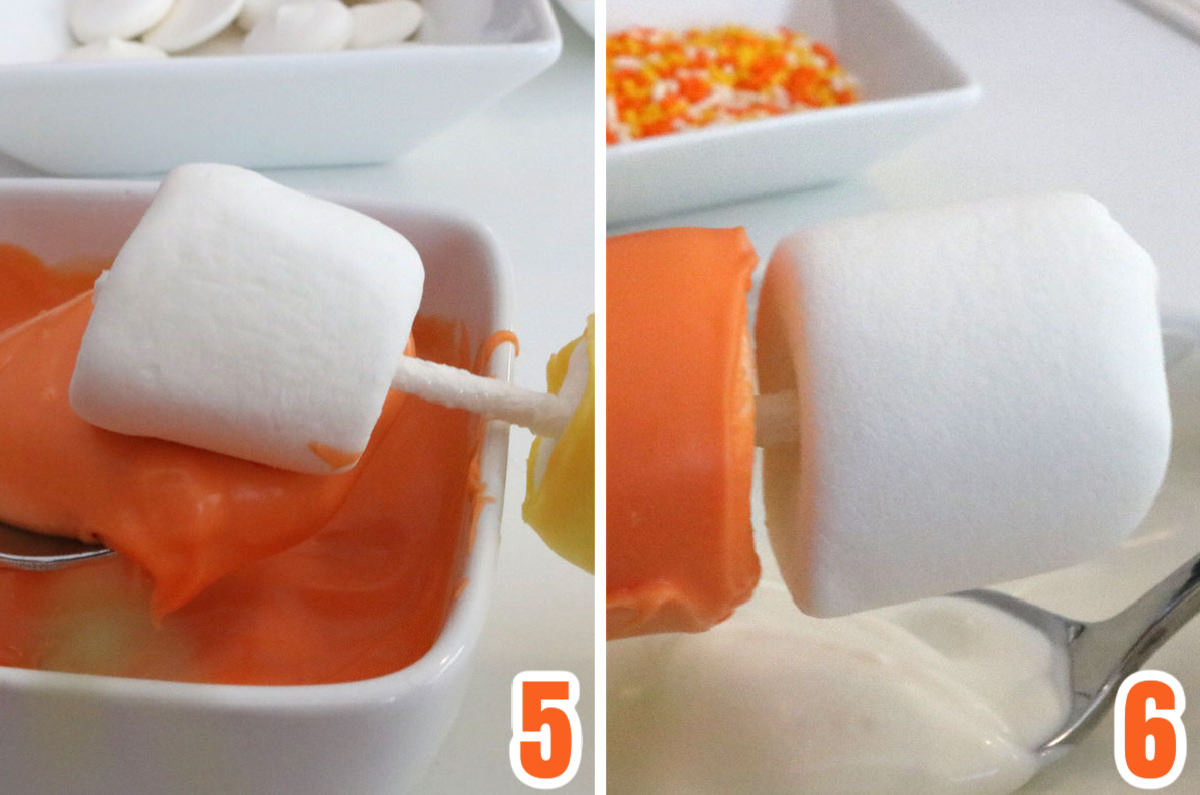 Collage image showing how to cover marshmallows with candy melt mixture.