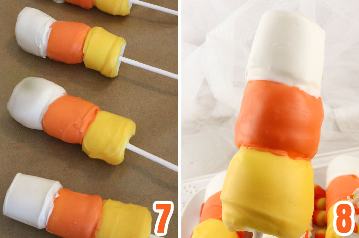 Collage image showing how to allow the Candy Corn Marshmallow Pops to harden.