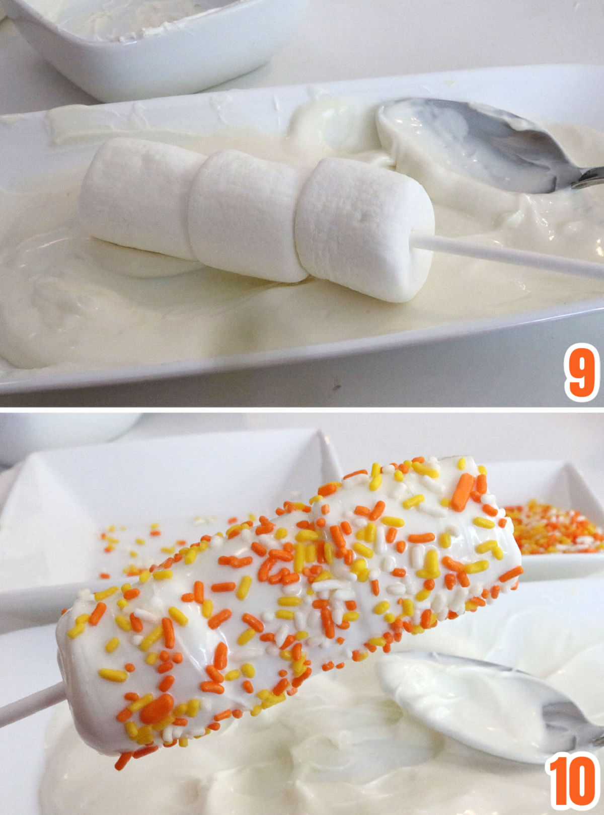 Collage image showing the steps for covering the Marshmallow Pops with white candy melts and Halloween sprinkles.