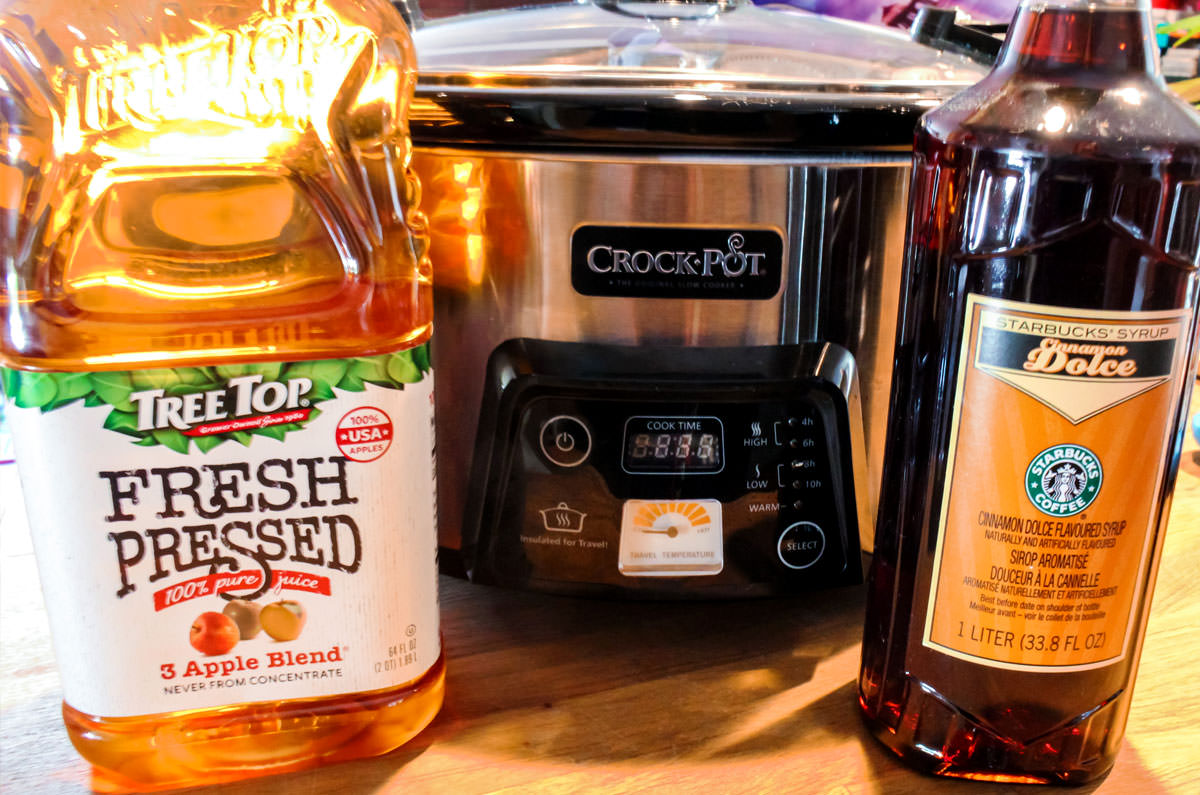 Apple Cider, Cinnamon Syrup and a Crock pot are the things you need to make Caramel Apple Cider.