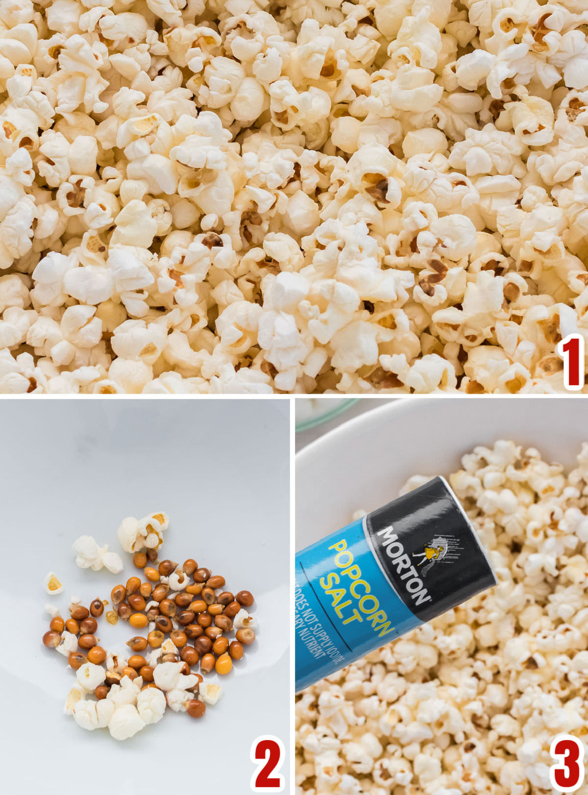 Collage image showing the steps for making homemade popcorn for the Easy Caramel Popcorn.