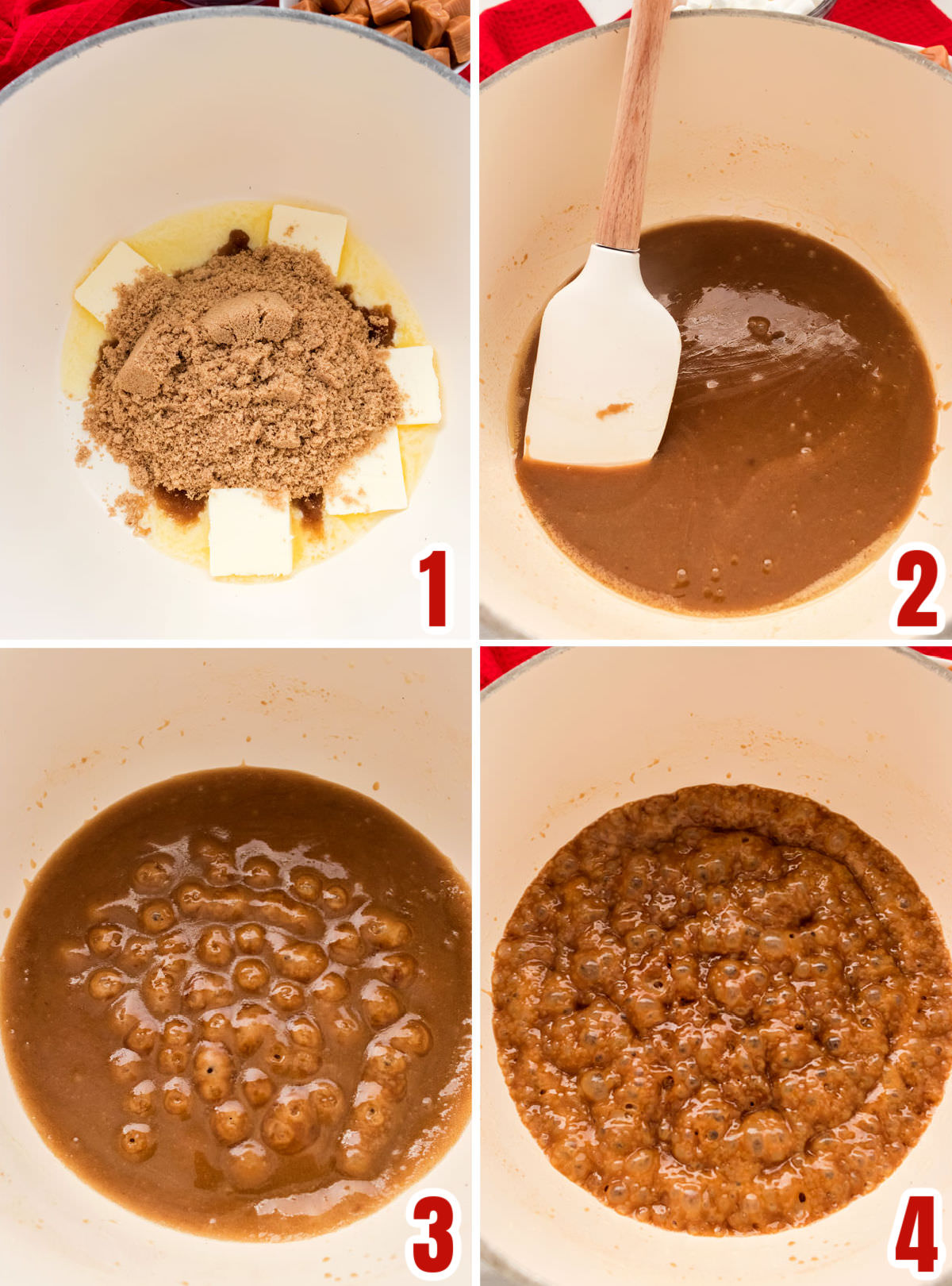 Collage image showing the steps for making a homemade caramel sauce for the Rice Krispie Treats.
