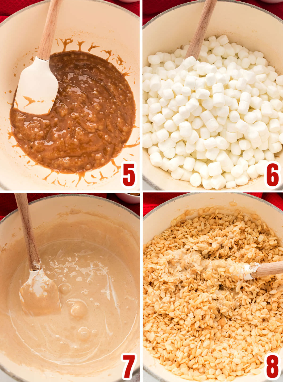 Collage image showing the steps for add the marshmallows and Rice Krispie Cereal to the caramel sauce.