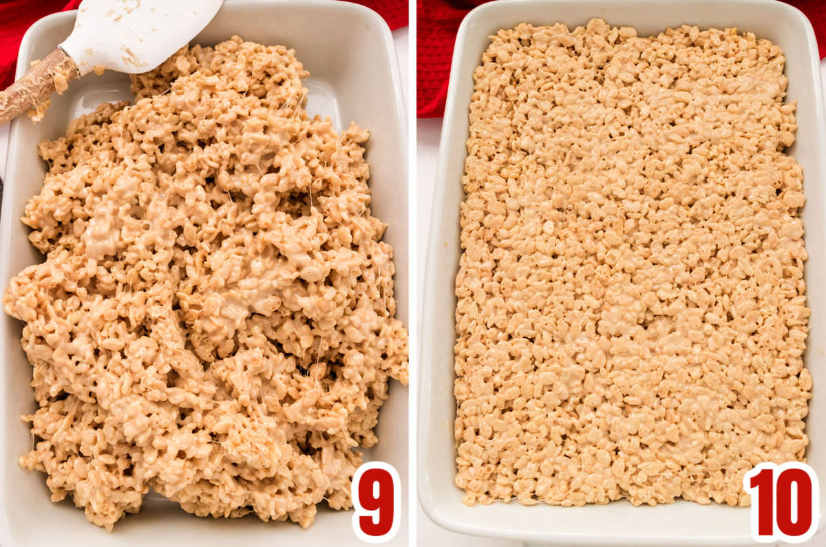 Collage image showing the steps for pour the Caramel Rice Krispie Treat mixture into a serving pan.