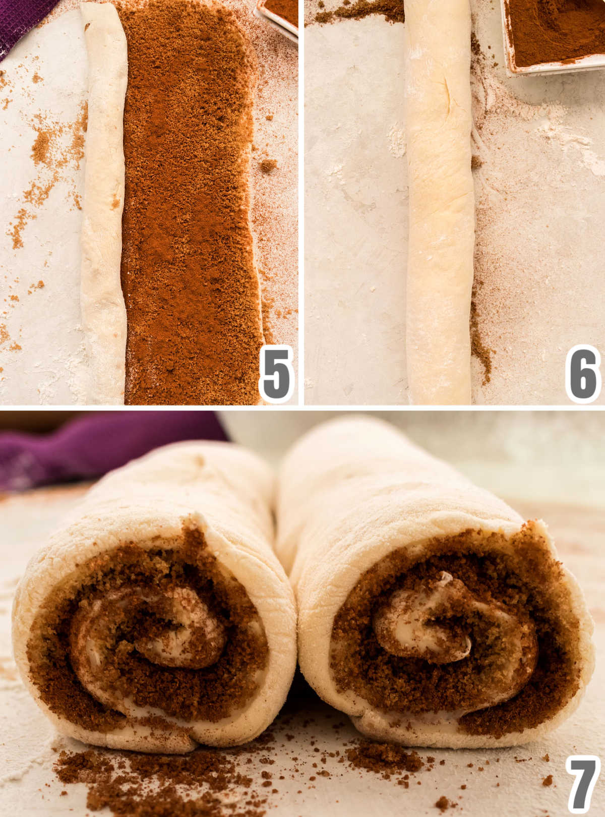 Collage image showing how to roll up the dough and then cut the sticky buns into individual pieces of baking.