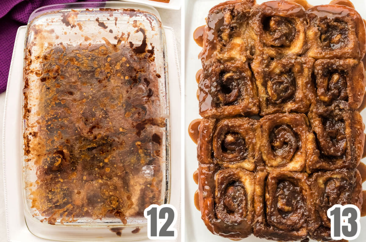 Collage image showing how to turn the sticky buns out of the baking pan onto a platter.