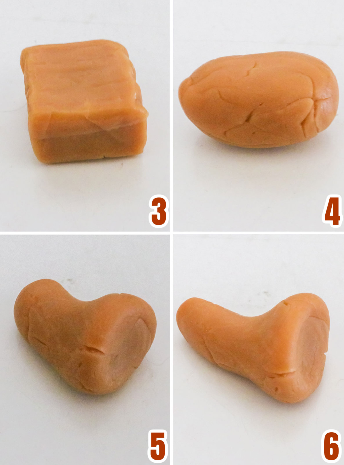 Collage image showing the steps for turning a caramel square into the shape of a cornucopia.